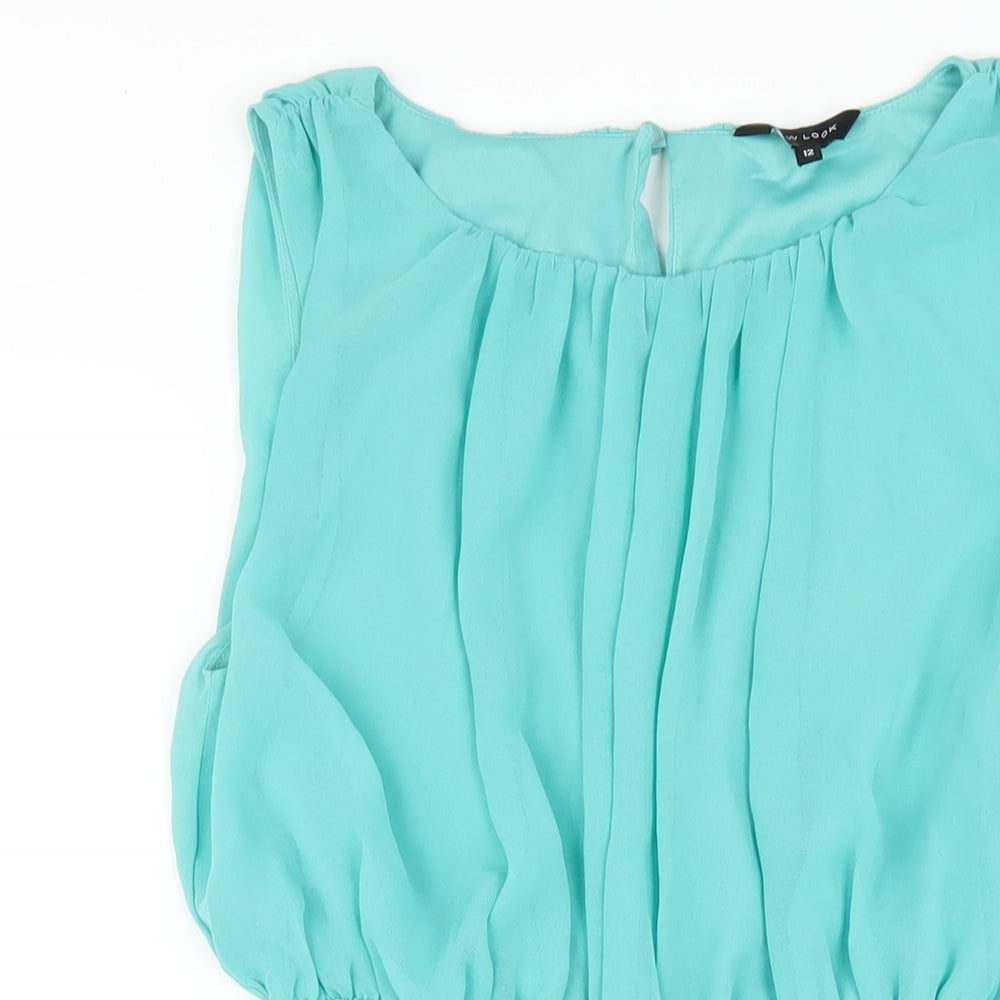 New Look Womens Blue Polyester A-Line Size 12 Round Neck Button
