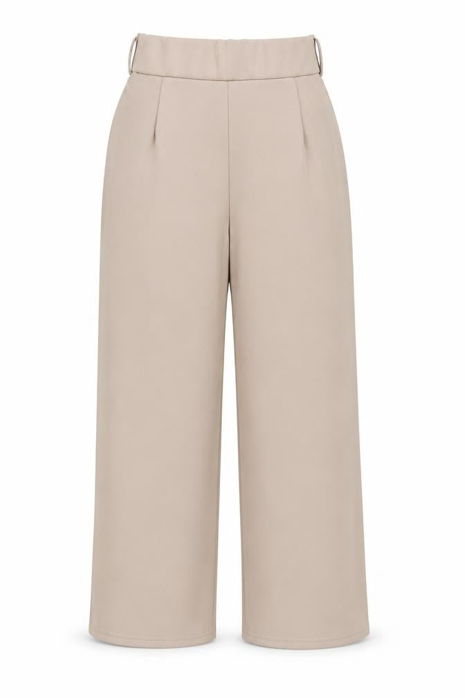 Front view of Boohoo women’s beige polyester trousers, size UK 10, 22-inch leg regular