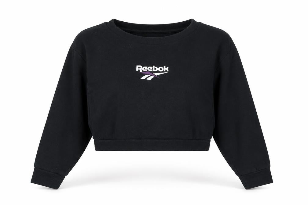 Front view of Reebok women’s black cotton pullover sweatshirt, size XL, pullover