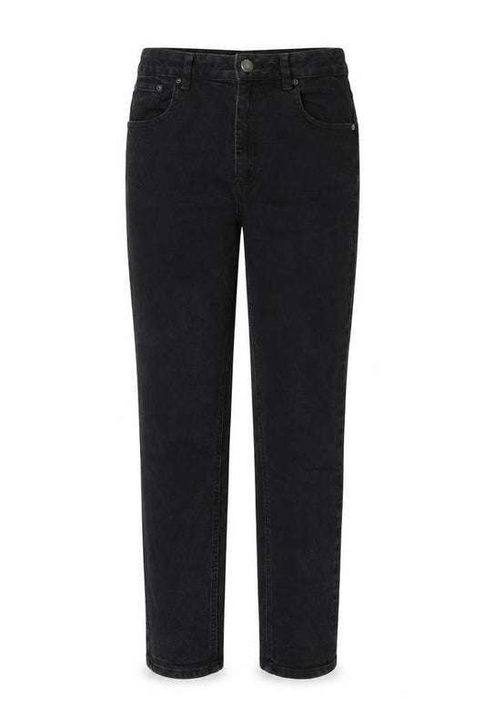Front view of ASOS women’s black cotton mom jeans, size UK 28, in, 32-inch leg regular button