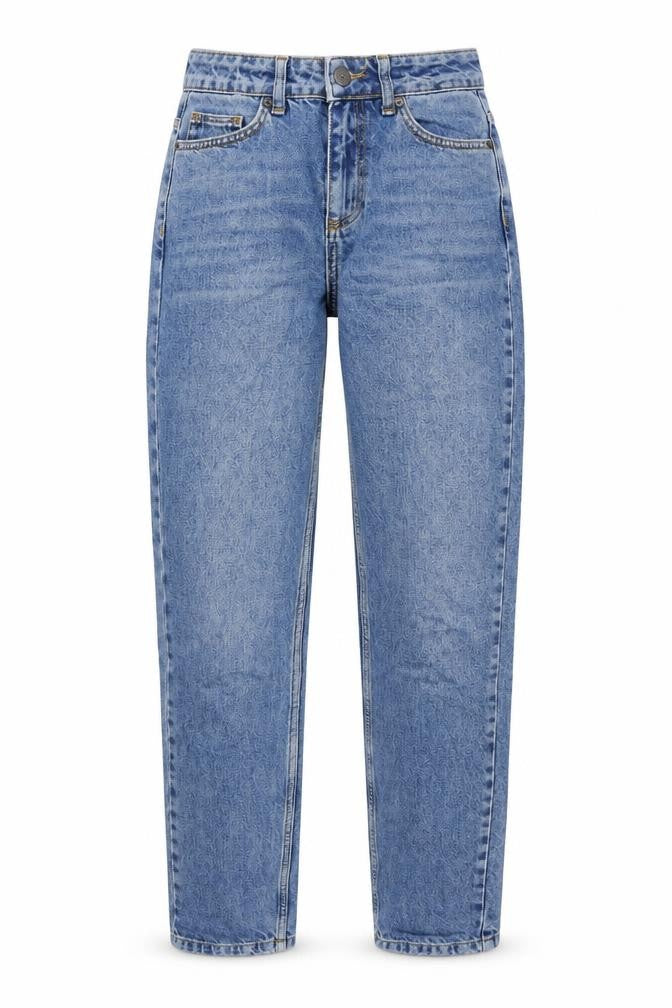 Front view of BDG women’s blue cotton mom jeans, size UK 24, in, 29-inch leg regular button