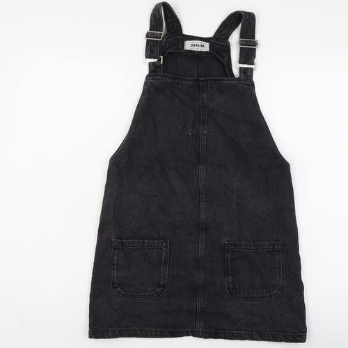 New Lok Womens Black Cotton Pinafore/Dungaree Dress Size 8 Square Neck Button