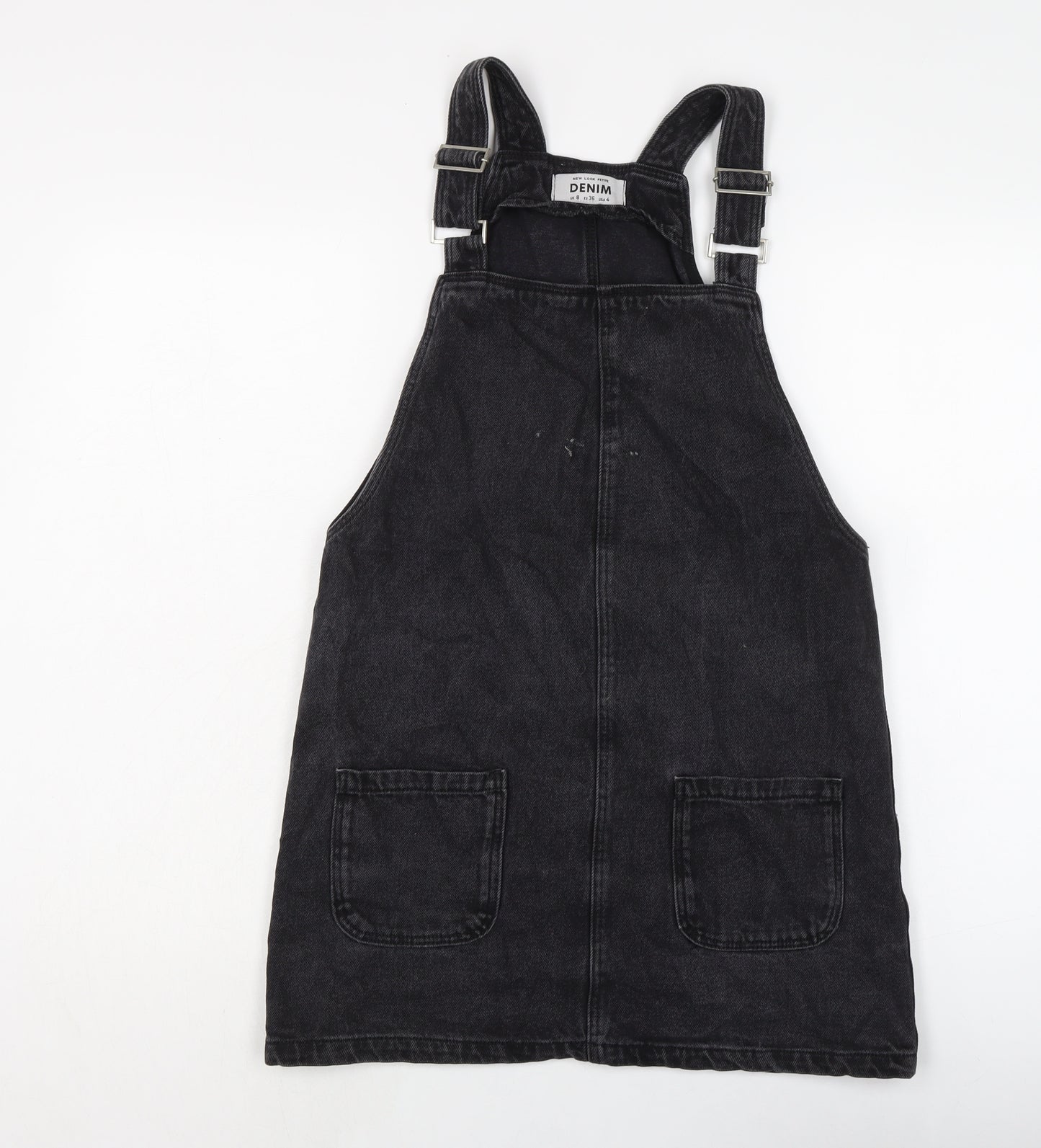 New Lok Womens Black Cotton Pinafore/Dungaree Dress Size 8 Square Neck Button