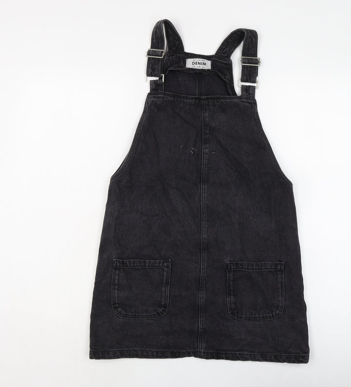 New Lok Womens Black Cotton Pinafore/Dungaree Dress Size 8 Square Neck Button