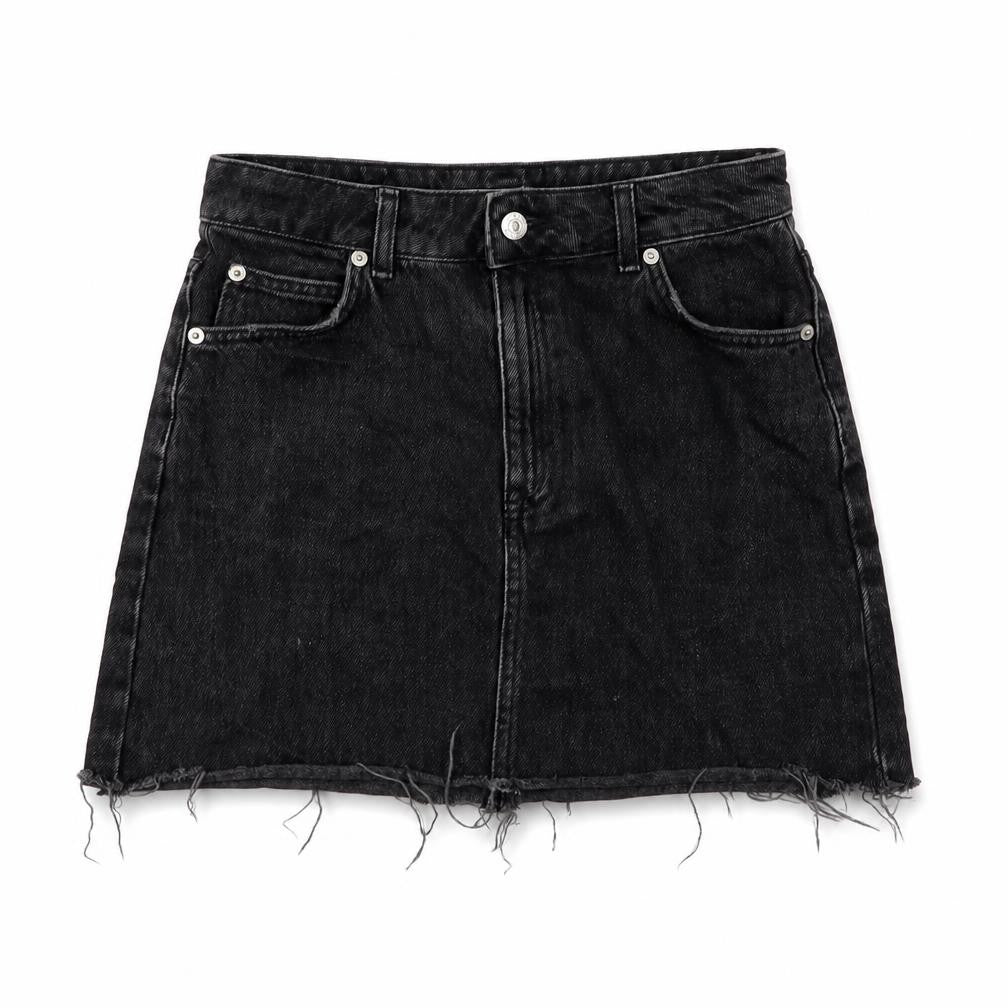 Front view of TRopsho[ women’s grey cotton mini skirt, size UK 8, button