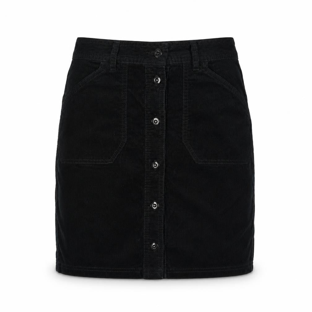 Front view of Marks & Spencer women’s blue cotton mini skirt, size UK 8, button