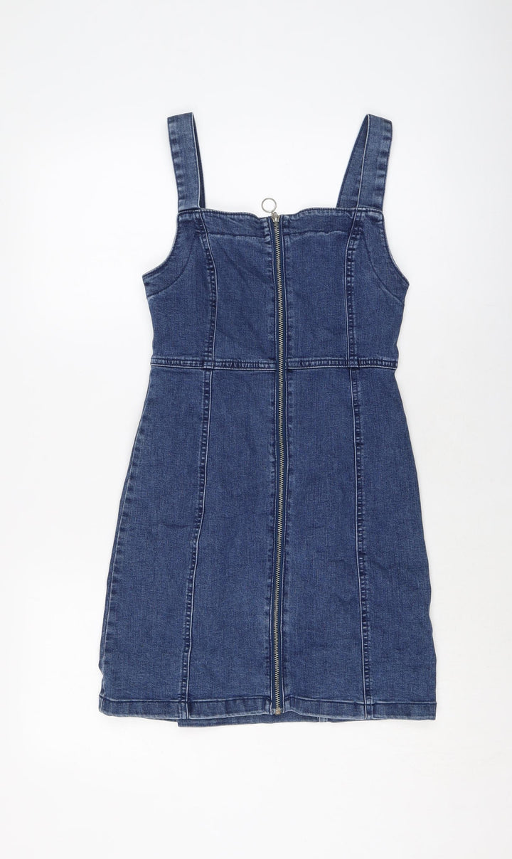 Denim & Co. Womens Blue Cotton Mini Size 8 Square Neck Zip