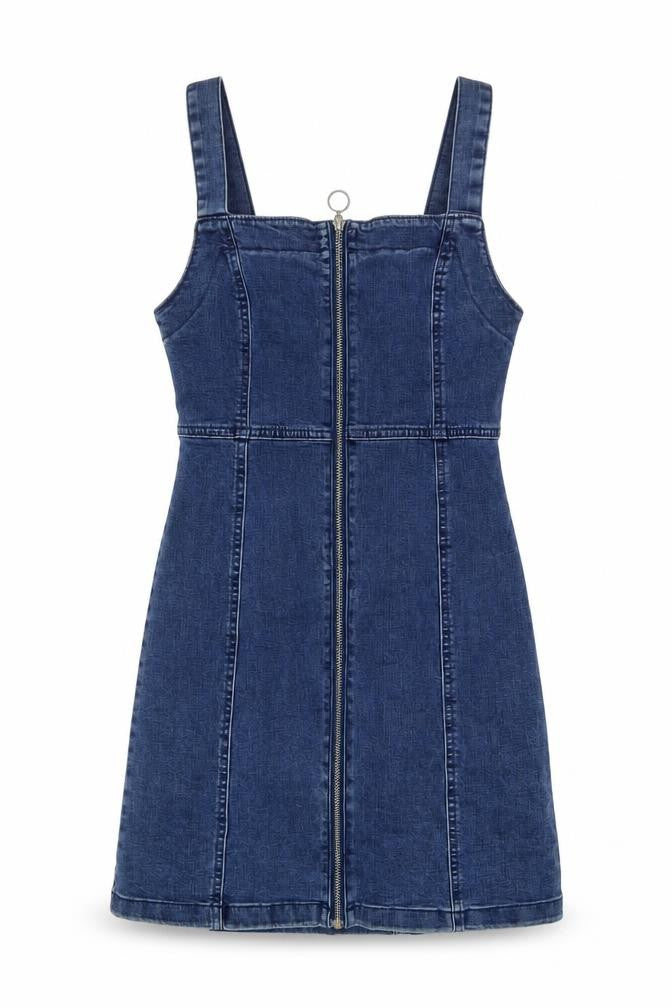Front view of Denim & Co. women’s blue cotton mini, size UK 8, square neck zip