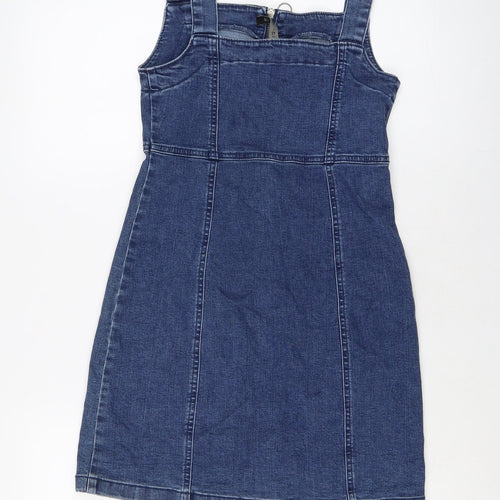 Denim & Co. Womens Blue Cotton Mini Size 8 Square Neck Zip
