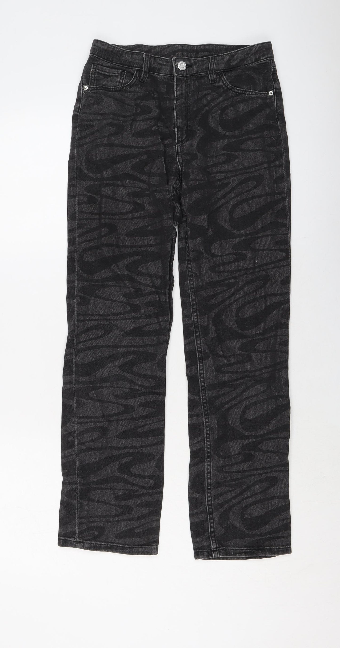 H&M Girls Grey Geometric Cotton Straight Jeans Size 11-12 Years Regular Button