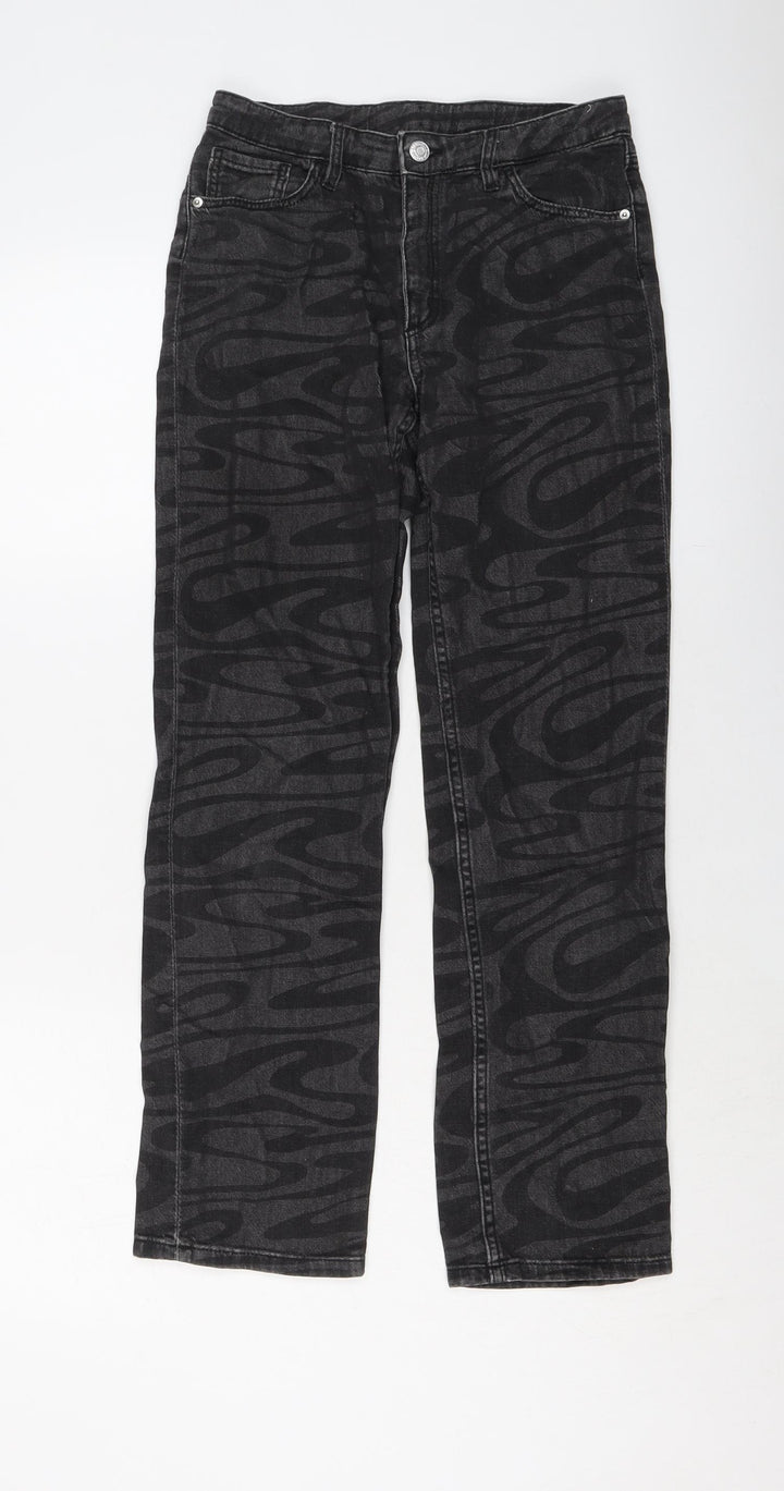 H&M Girls Grey Geometric Cotton Straight Jeans Size 11-12 Years Regular Button
