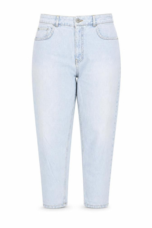 Front view of BDG women’s blue cotton mom jeans, size UK 29, in, 25-inch leg regular button