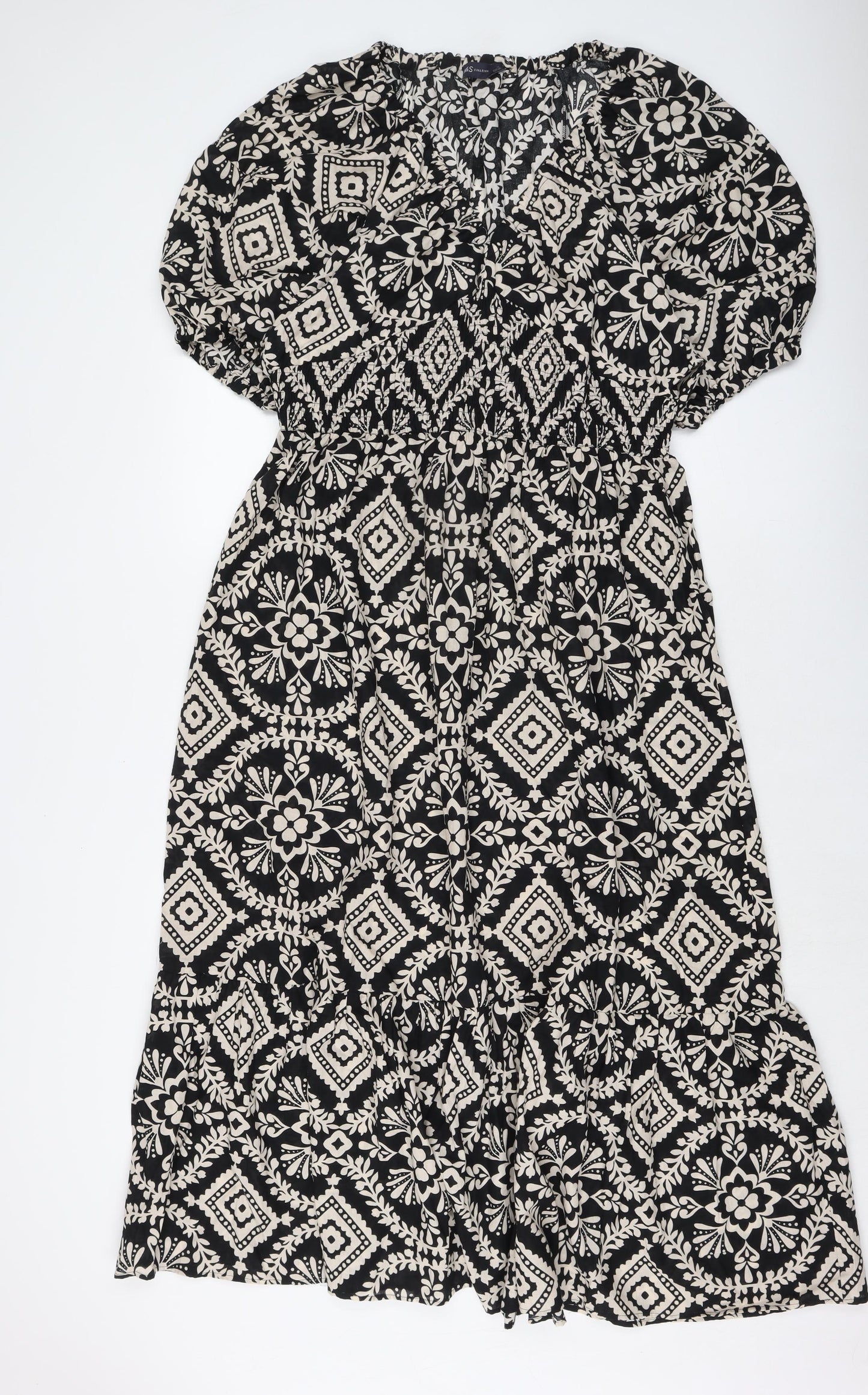 Marks and Spencer Womens Black Geometric Cotton A-Line Size 16 V-Neck Pullover