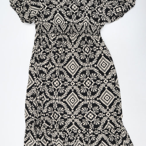 Marks and Spencer Womens Black Geometric Cotton A-Line Size 16 V-Neck Pullover