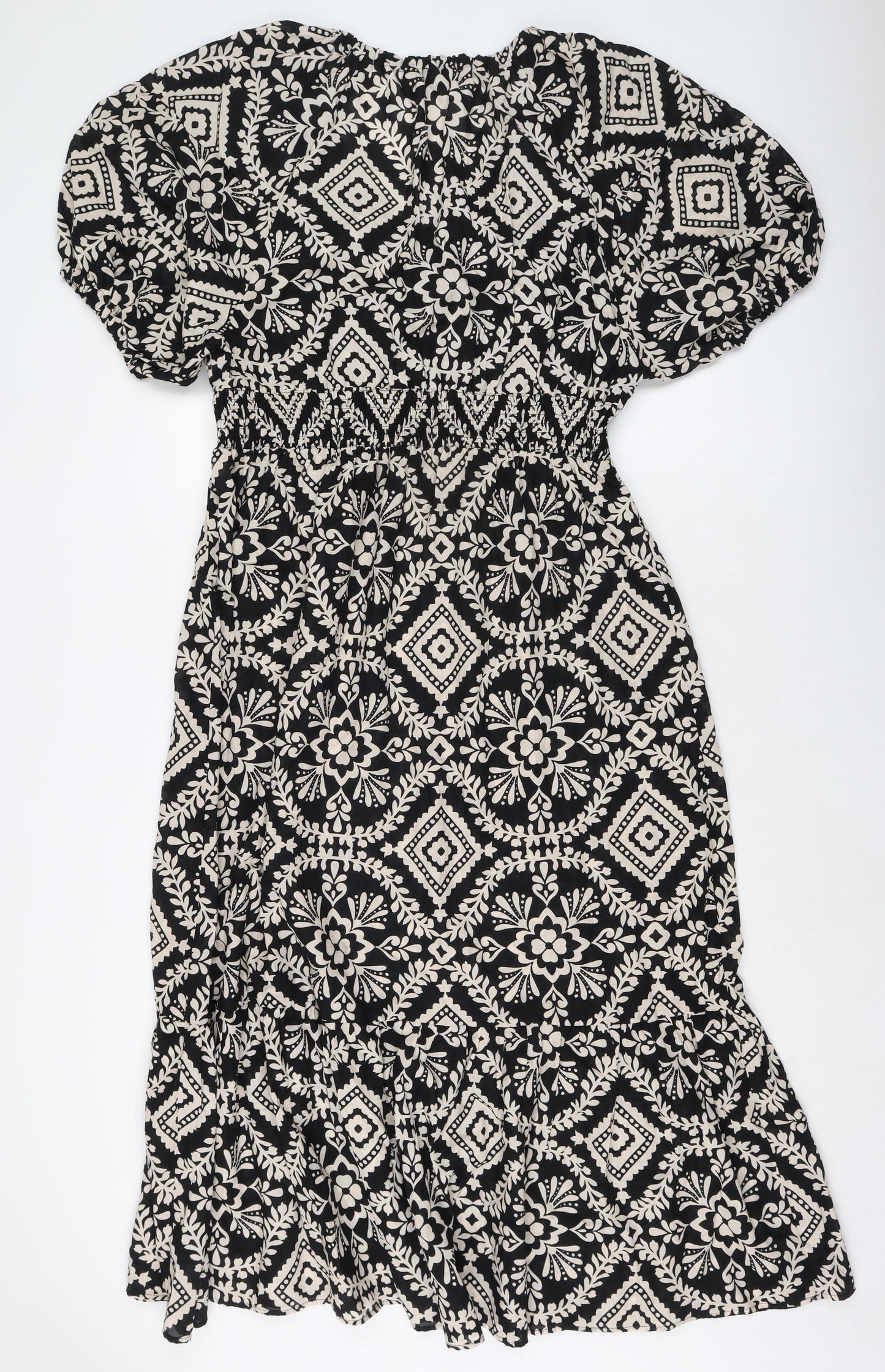 Marks and Spencer Womens Black Geometric Cotton A-Line Size 16 V-Neck Pullover