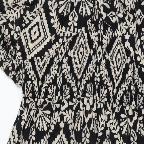 Marks and Spencer Womens Black Geometric Cotton A-Line Size 16 V-Neck Pullover