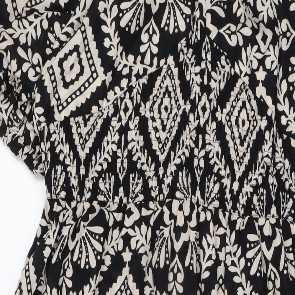 Marks and Spencer Womens Black Geometric Cotton A-Line Size 16 V-Neck Pullover