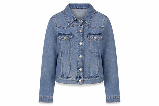 Front view of Topshop women’s blue jacket, size UK 8, button