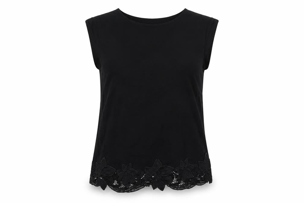 Front view of Oasis women’s black viscose basic blouse, size UK 8, round neck