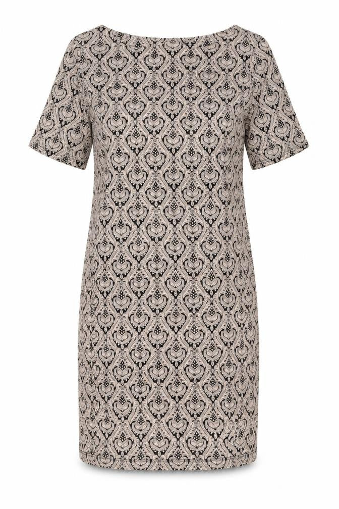 Front view of Dorothy Perkins women’s beige geometric polyester sheath, size UK 14, round neck pullover