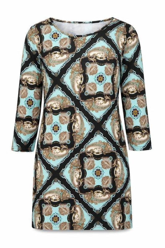 Front view of Blonde + Blonde women’s multicoloured geometric polyester bodycon, size UK 14, round neck pullover