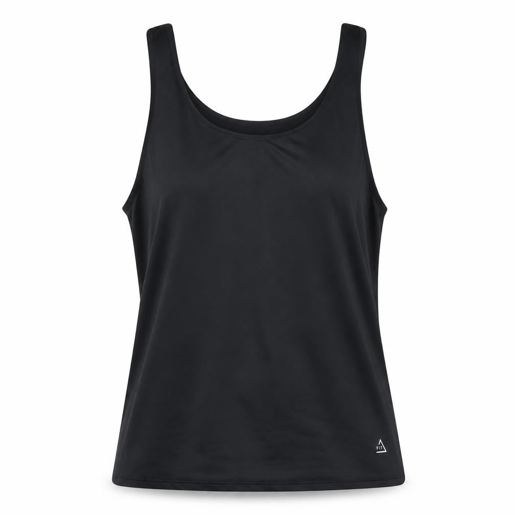 Front view of Boohoo women’s black polyester basic tank, size UK 6, round neck pullover