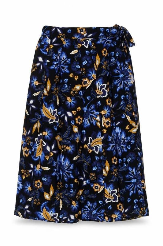 Front view of Marks & Spencer women’s beige floral polyester wrap skirt, size UK 6, tie