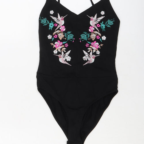 Lipsy Womens Black Floral Cotton Bodysuit One-Piece Size 6 Snap