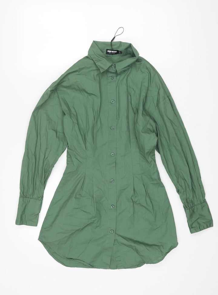 PRETTYLITTLETHING Womens Green Cotton Shirt Dress Size 8 Collared Button