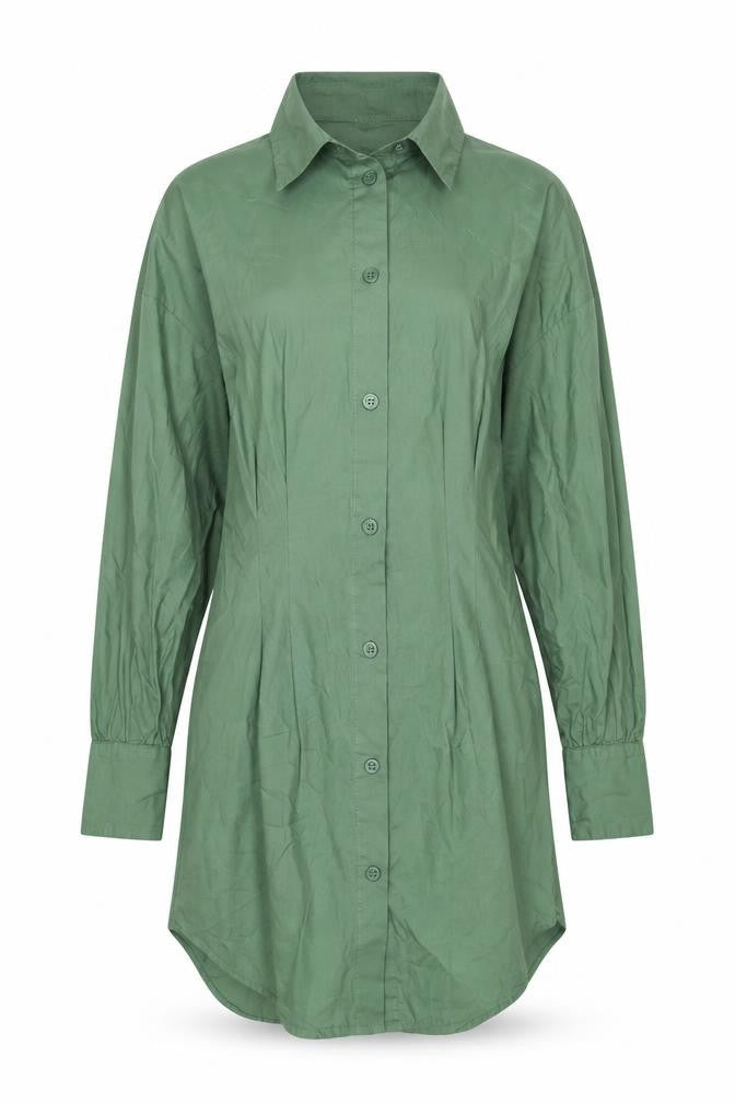Front view of PRETTYLITTLETHING women’s green cotton shirt dress, size UK 8, collared button