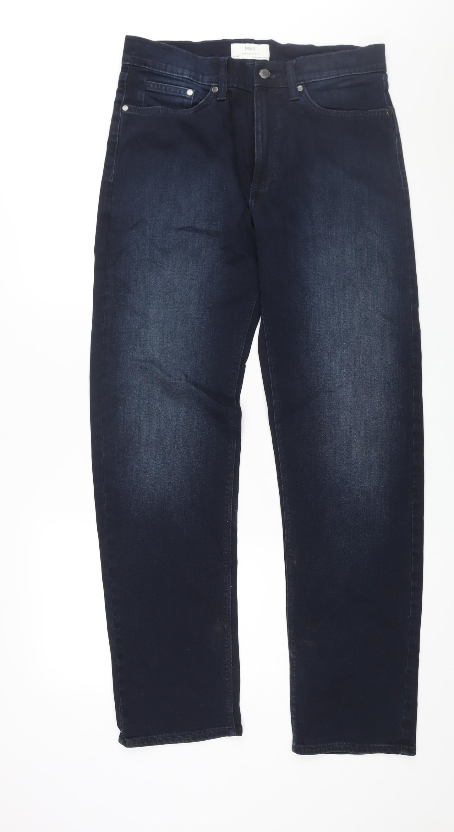 Marks and Spencer Mens Blue Cotton Straight Jeans Size 32 in L33 in Regular Zip