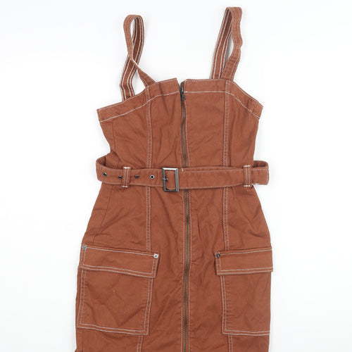 Divided by H&M Womens Brown Cotton Mini Size 8 Square Neck Zip - Belted