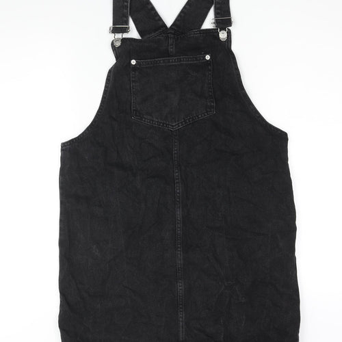 New Look Womens Black Cotton Pinafore/Dungaree Dress Size 14 Square Neck Buckle