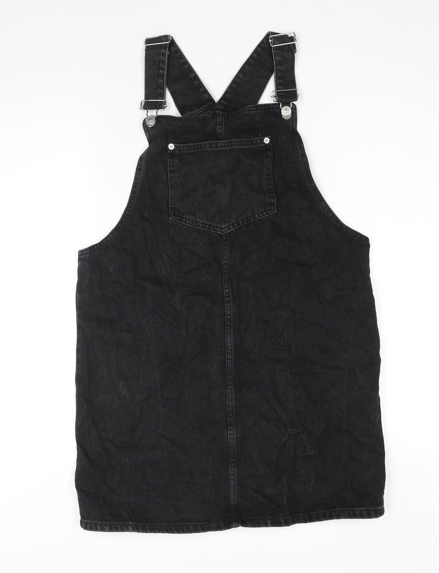 New Look Womens Black Cotton Pinafore/Dungaree Dress Size 14 Square Neck Buckle