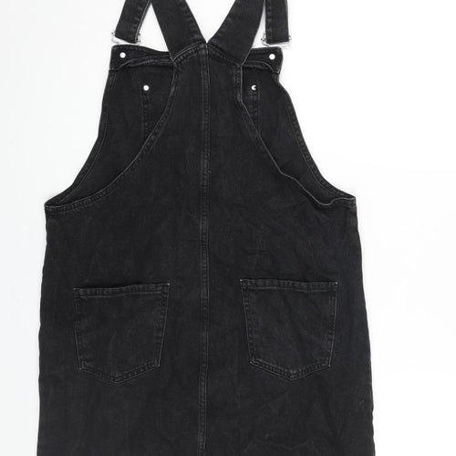 New Look Womens Black Cotton Pinafore/Dungaree Dress Size 14 Square Neck Buckle