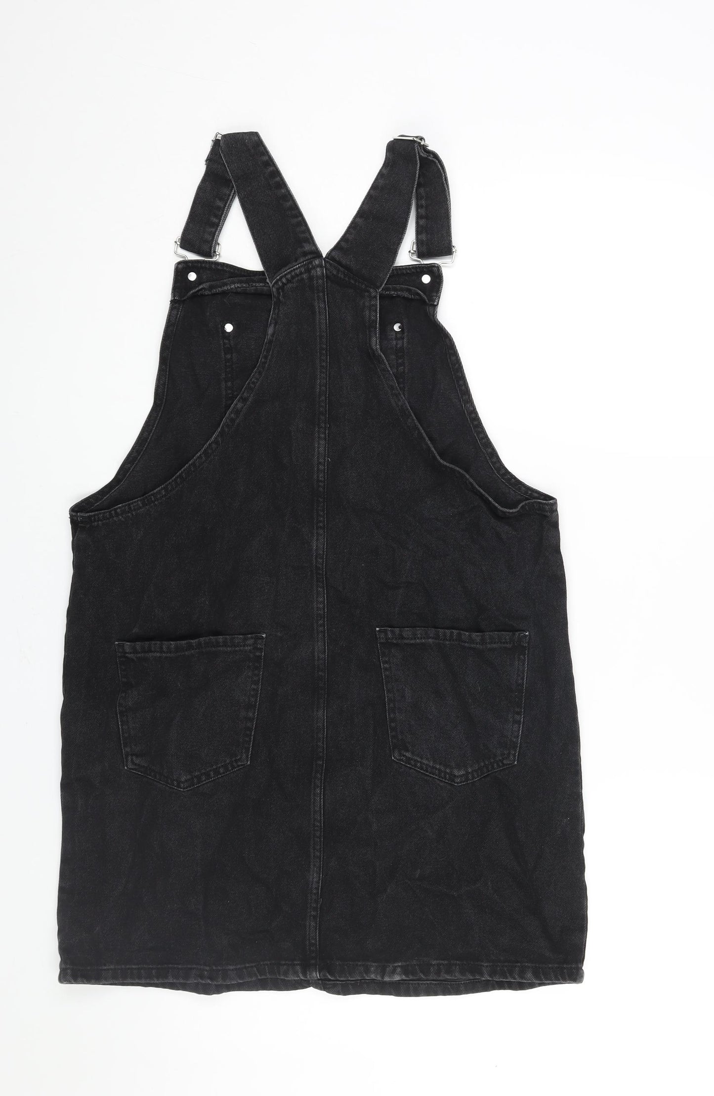 New Look Womens Black Cotton Pinafore/Dungaree Dress Size 14 Square Neck Buckle