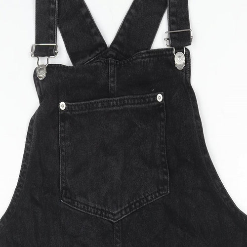 New Look Womens Black Cotton Pinafore/Dungaree Dress Size 14 Square Neck Buckle