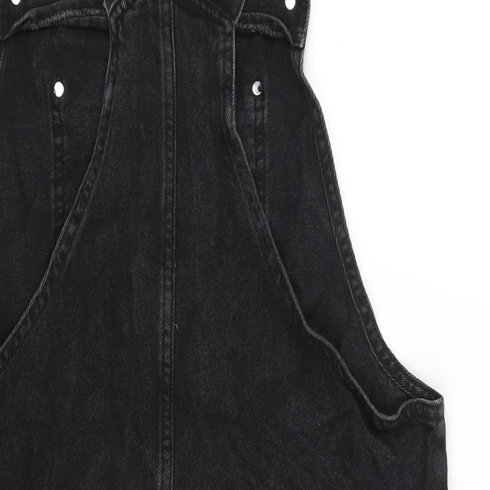 New Look Womens Black Cotton Pinafore/Dungaree Dress Size 14 Square Neck Buckle
