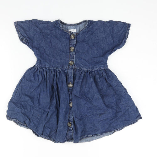 NEXT Girls Blue Cotton A-Line Size 4 Years Round Neck Button