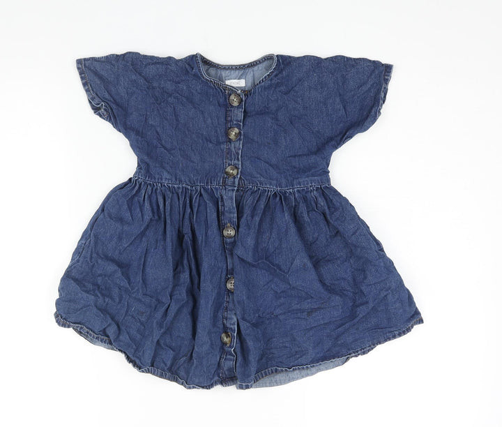 NEXT Girls Blue Cotton A-Line Size 4 Years Round Neck Button