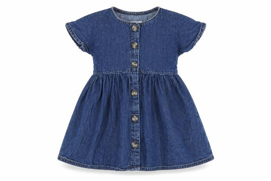 Front view of Next girls’ blue cotton a-line, size 4, years round neck button