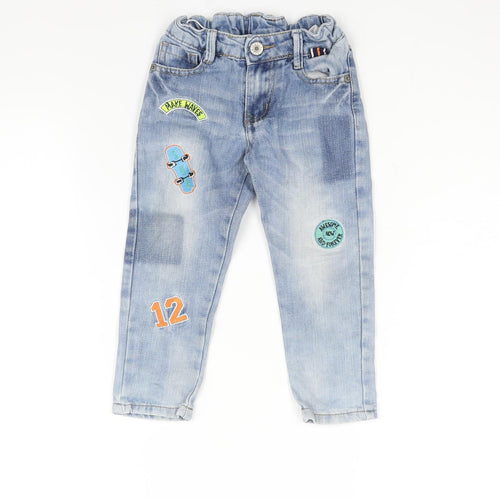 Woolworths Boys Blue Cotton Tapered Jeans Size 2 Years Regular Zip - Elasticated Waist Embroidered Detail