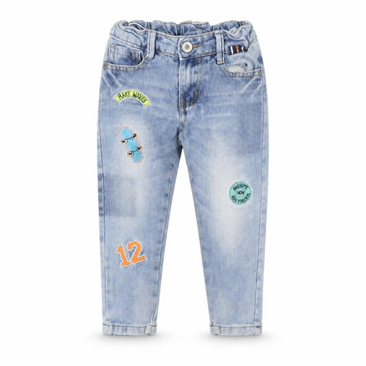 Front view of Woolworths boys’ blue cotton tapered jeans, size 2, years regular zip - elasticated waist embroidered detail