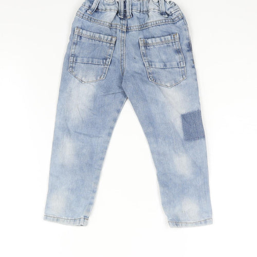 Woolworths Boys Blue Cotton Tapered Jeans Size 2 Years Regular Zip - Elasticated Waist Embroidered Detail