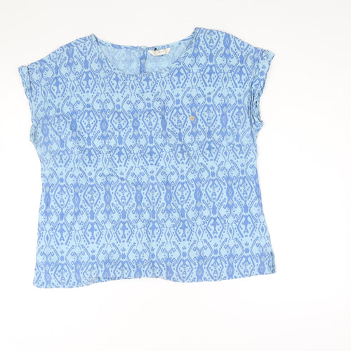 BHS Womens Blue Geometric Linen Basic Blouse Size 16 Round Neck