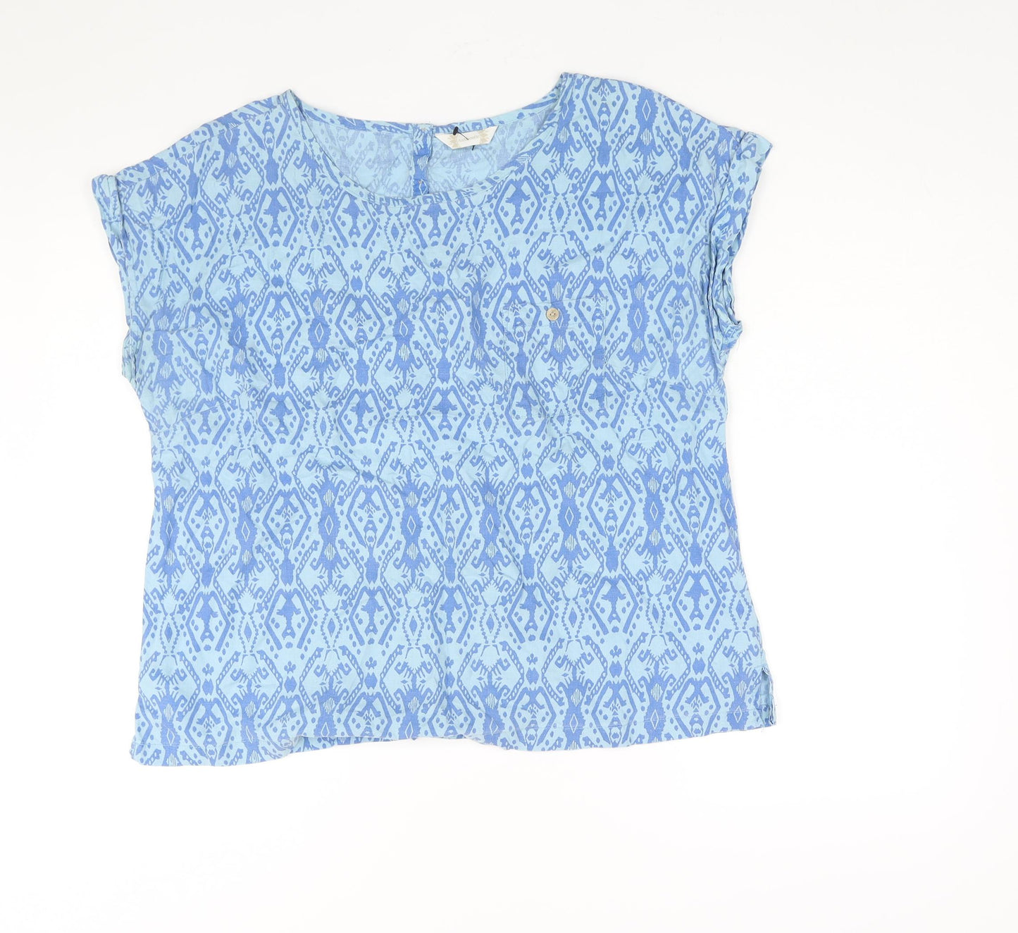 BHS Womens Blue Geometric Linen Basic Blouse Size 16 Round Neck