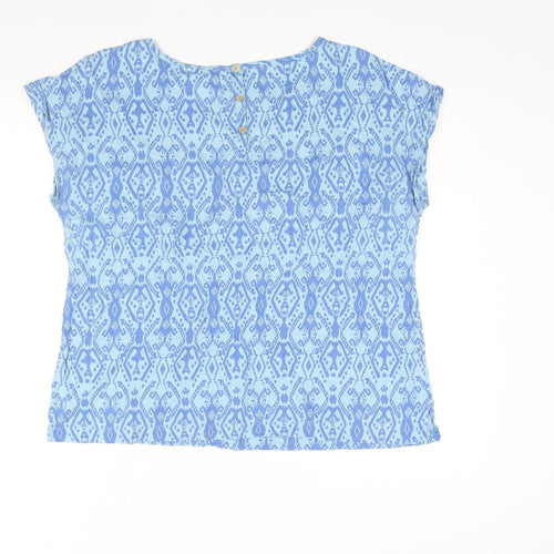 BHS Womens Blue Geometric Linen Basic Blouse Size 16 Round Neck