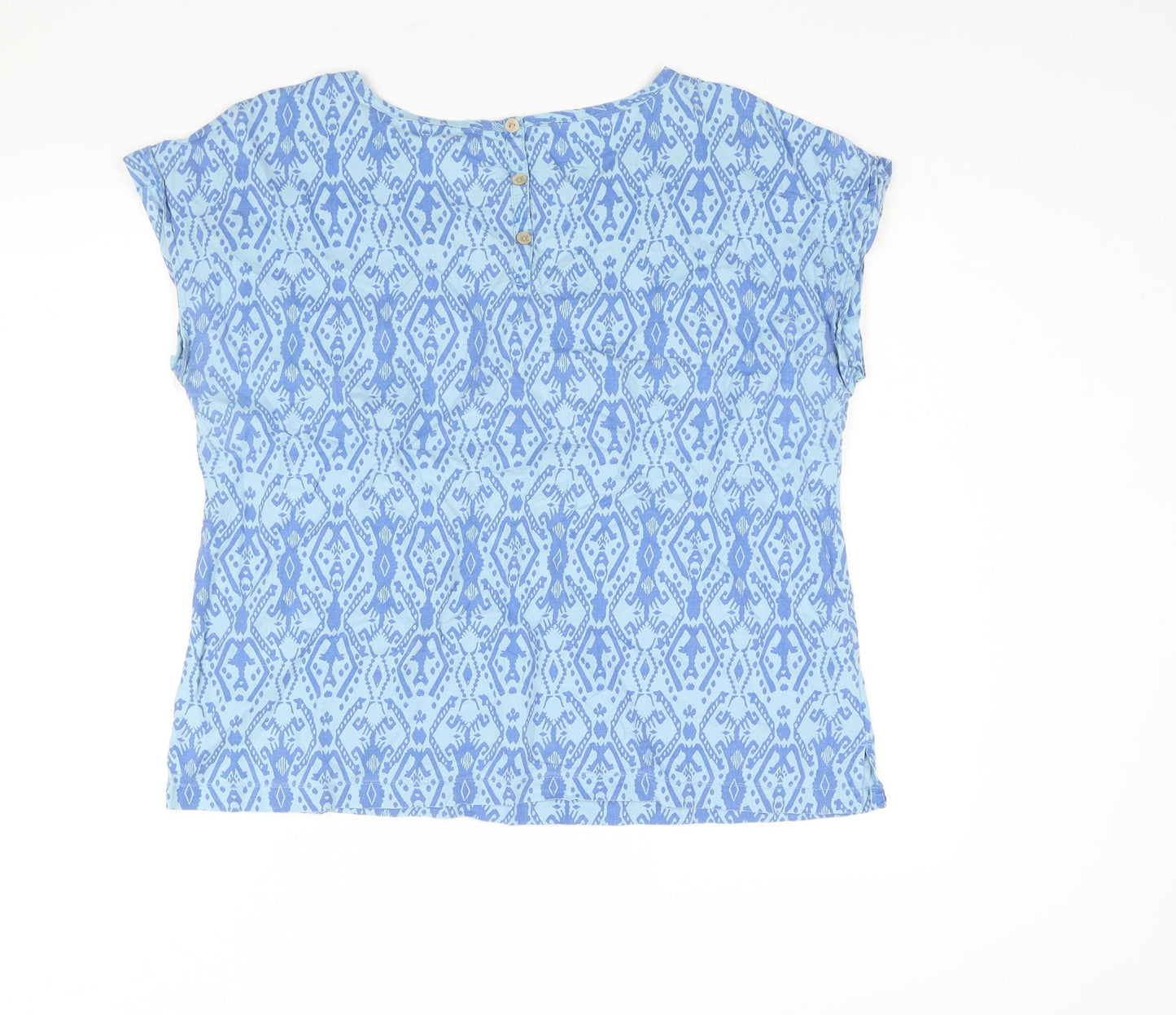 BHS Womens Blue Geometric Linen Basic Blouse Size 16 Round Neck