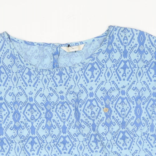 BHS Womens Blue Geometric Linen Basic Blouse Size 16 Round Neck