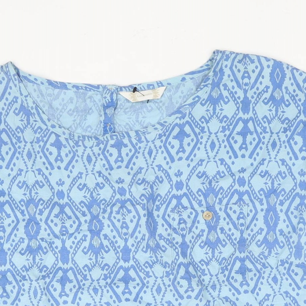 BHS Womens Blue Geometric Linen Basic Blouse Size 16 Round Neck